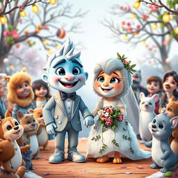 A vibrant and whimsical wedding ceremony featuring two animated characters named Ice and Danky