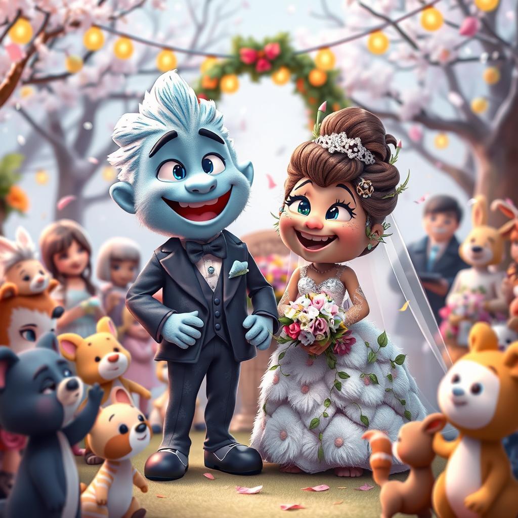 A vibrant and whimsical wedding ceremony featuring two animated characters named Ice and Danky