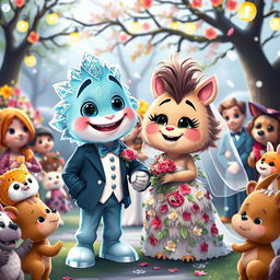 A vibrant and whimsical wedding ceremony featuring two animated characters named Ice and Danky