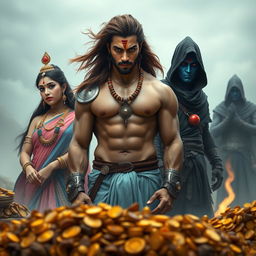 A high-resolution wide shot focusing on an Indian warrior, a muscular man with curves, possessing long brown flowing hair, a sharp face with clear eyes, and fair skin