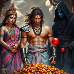 A high-resolution wide shot focusing on an Indian warrior, a muscular man with curves, possessing long brown flowing hair, a sharp face with clear eyes, and fair skin