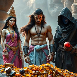 A high-resolution wide shot focusing on an Indian warrior, a muscular man with curves, possessing long brown flowing hair, a sharp face with clear eyes, and fair skin