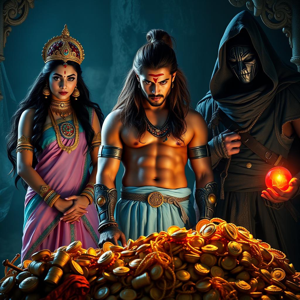 A high-resolution wide shot focusing on an Indian warrior, a muscular man with curves, possessing long brown flowing hair, a sharp face with clear eyes, and fair skin