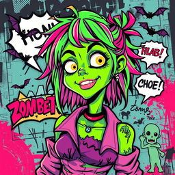 A vibrant pop art style illustration of a zombie girl, featuring bold colors and graphic lines