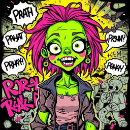 A vibrant pop art style illustration of a zombie girl, featuring bold colors and graphic lines
