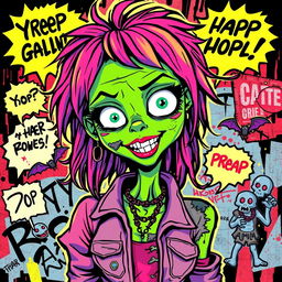 A vibrant pop art style illustration of a zombie girl, featuring bold colors and graphic lines