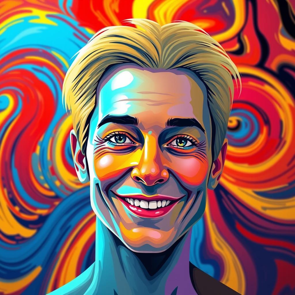 A vibrant, colorful portrait representing you, set against a captivating abstract background filled with swirls of intense blues, bold reds, and radiant yellows