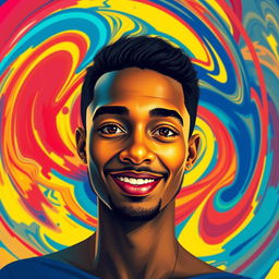 A vibrant, colorful portrait representing you, set against a captivating abstract background filled with swirls of intense blues, bold reds, and radiant yellows