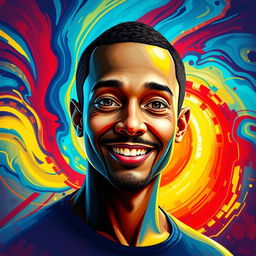 A vibrant, colorful portrait representing you, set against a captivating abstract background filled with swirls of intense blues, bold reds, and radiant yellows
