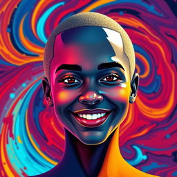 A vibrant, colorful portrait representing you, set against a captivating abstract background filled with swirls of intense blues, bold reds, and radiant yellows