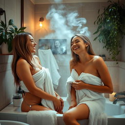A beautifully lit bathroom scene featuring two young women in a moment of friendship and relaxation