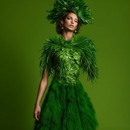 A fashion model dressed in a breathtakingly stunning green ensemble
