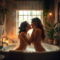 A beautifully lit bathroom scene featuring two young women engaged in an intimate moment, sharing a tender kiss while surrounded by a warm and inviting atmosphere
