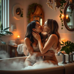 A beautifully lit bathroom scene featuring two young women engaged in an intimate moment, sharing a tender kiss while surrounded by a warm and inviting atmosphere