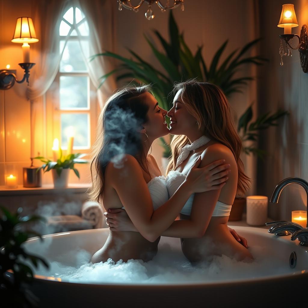 A beautifully lit bathroom scene featuring two young women engaged in an intimate moment, sharing a tender kiss while surrounded by a warm and inviting atmosphere