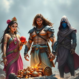 A high-resolution wide shot featuring an Indian warrior standing confidently in the center