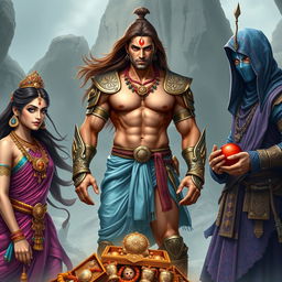 A high-resolution wide shot featuring an Indian warrior standing confidently in the center