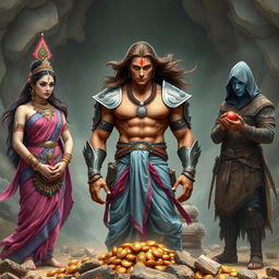 A high-resolution wide shot featuring an Indian warrior standing confidently in the center