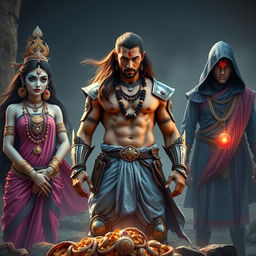 A high-resolution wide shot featuring an Indian warrior standing confidently in the center