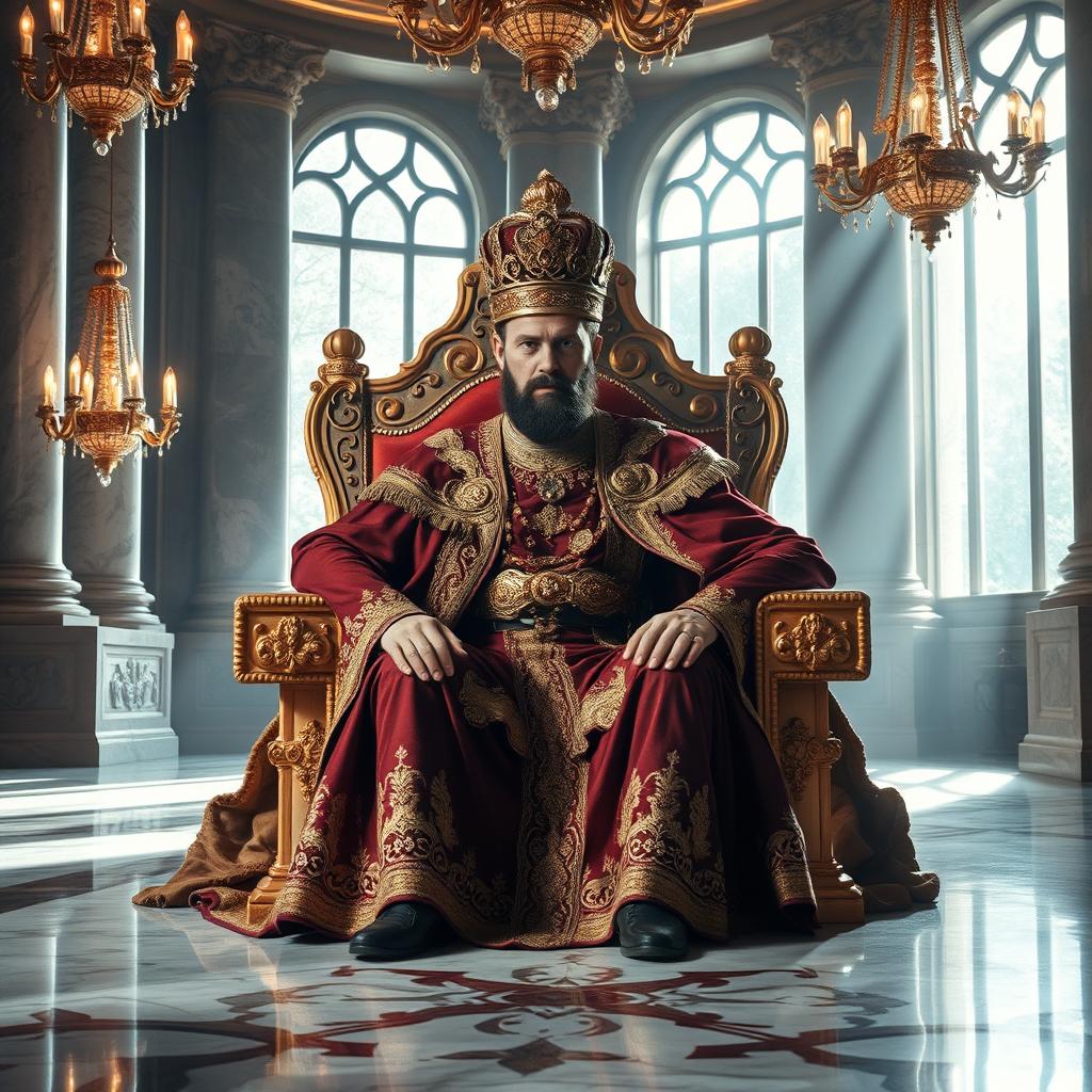 A majestic king seated on a grand throne in an opulent palace