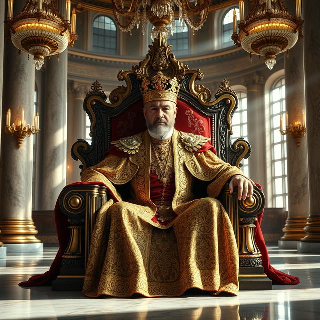 A majestic king seated on a grand throne in an opulent palace