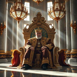 A majestic king seated on a grand throne in an opulent palace