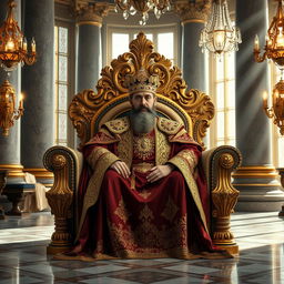 A majestic king seated on a grand throne in an opulent palace