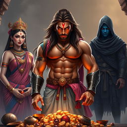 A high-resolution wide shot featuring a muscular Indian warrior with curves, standing confidently in the center