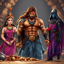 A high-resolution wide shot featuring a muscular Indian warrior with curves, standing confidently in the center