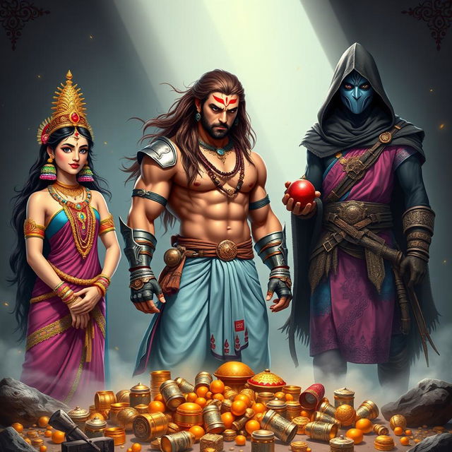 A high-resolution wide shot featuring a muscular Indian warrior with curves, standing confidently in the center