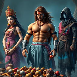 A high-resolution wide shot featuring a muscular Indian warrior with curves, standing confidently in the center