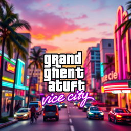 A vibrant and dynamic urban scene inspired by Grand Theft Auto: Vice City
