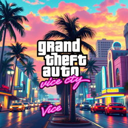 A vibrant and dynamic urban scene inspired by Grand Theft Auto: Vice City