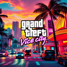 A vibrant and dynamic urban scene inspired by Grand Theft Auto: Vice City