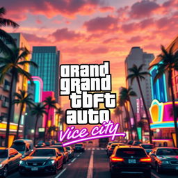 A vibrant and dynamic urban scene inspired by Grand Theft Auto: Vice City