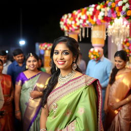 Aiza at the wedding, wearing a beautifully embellished saree, surrounded by elegant wedding decorations