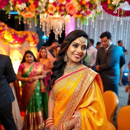 Aiza at the wedding, wearing a beautifully embellished saree, surrounded by elegant wedding decorations