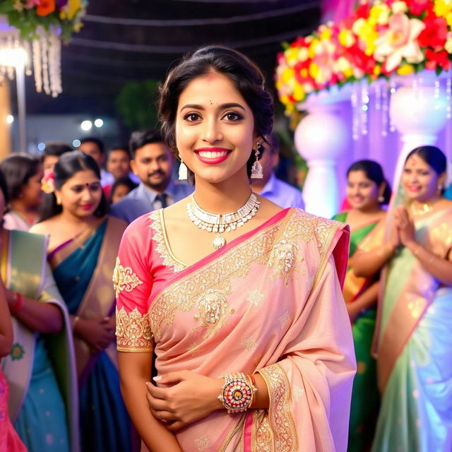 Aiza at the wedding, wearing a beautifully embellished saree, surrounded by elegant wedding decorations