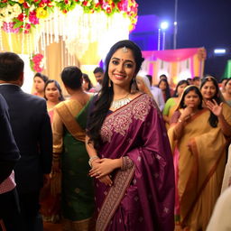 Aiza at the wedding, wearing a beautifully embellished saree, surrounded by elegant wedding decorations