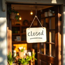 A closed sign hanging on the door of a quaint, small coffee shop