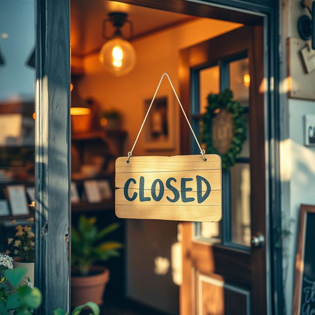 A closed sign hanging on the door of a quaint, small coffee shop