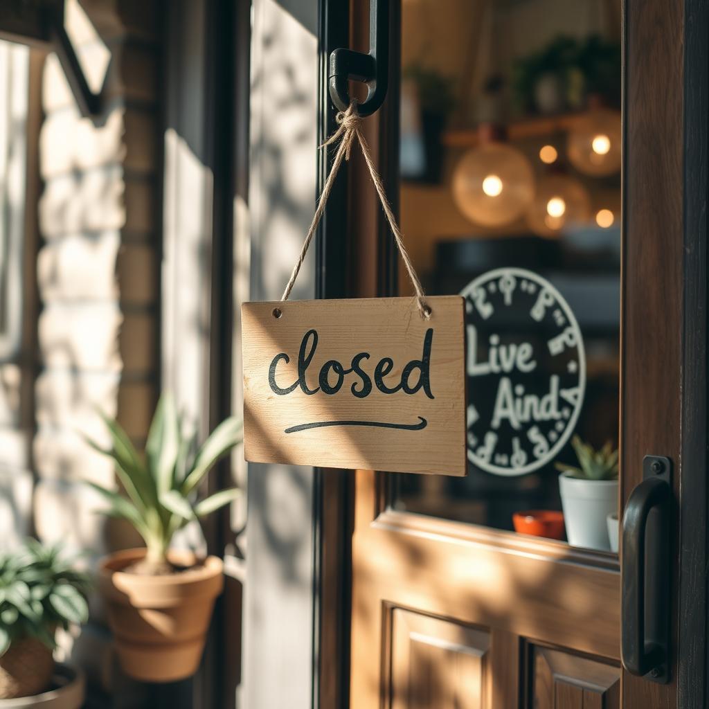 A closed sign hanging on the door of a quaint, small coffee shop