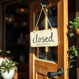A closed sign hanging on the door of a quaint, small coffee shop