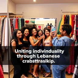 A vibrant boutique scene featuring a diverse group of friends of various ethnic backgrounds joyfully trying on outfits in front of a large mirror