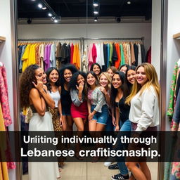 A vibrant boutique scene featuring a diverse group of friends of various ethnic backgrounds joyfully trying on outfits in front of a large mirror