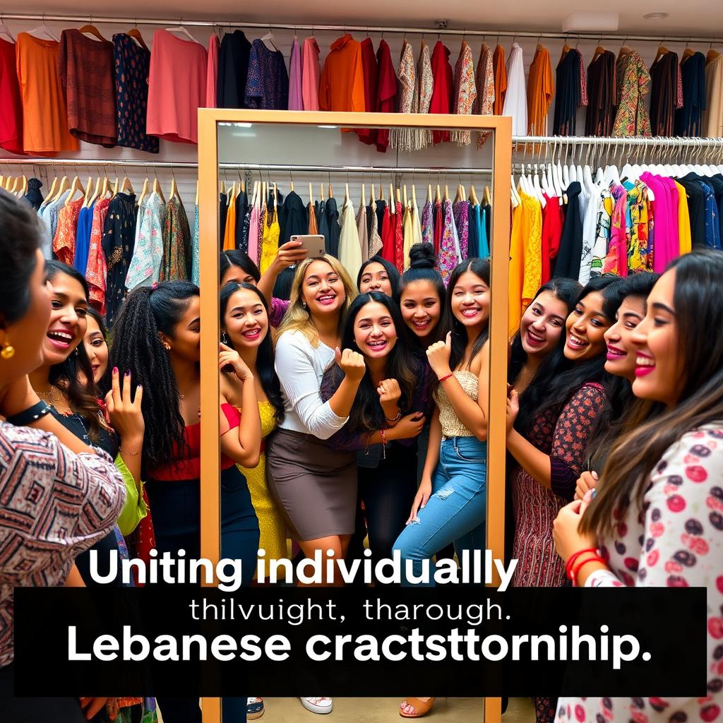 A vibrant boutique scene featuring a diverse group of friends of various ethnic backgrounds joyfully trying on outfits in front of a large mirror