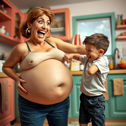 A surreal and humorous scene depicting a thin boy playfully punching a large, cartoonish belly of his mother, who is expressing exaggerated surprise and mock anger