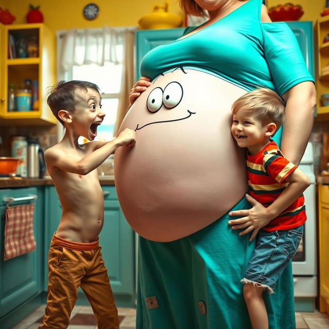 A surreal and humorous scene depicting a thin boy playfully punching a large, cartoonish belly of his mother, who is expressing exaggerated surprise and mock anger