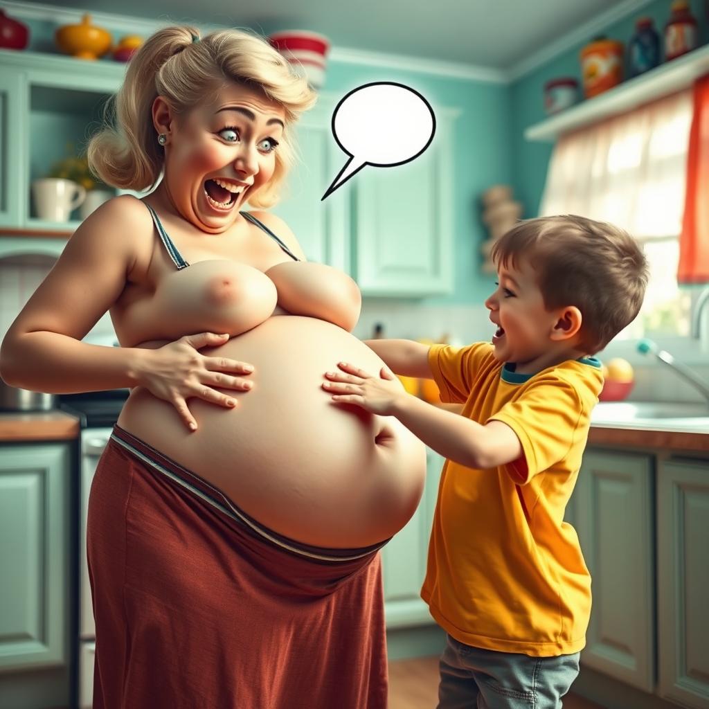 A surreal and humorous scene depicting a thin boy playfully punching a large, cartoonish belly of his mother, who is expressing exaggerated surprise and mock anger