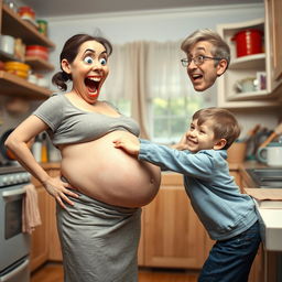 A surreal and humorous scene depicting a thin boy playfully punching a large, cartoonish belly of his mother, who is expressing exaggerated surprise and mock anger